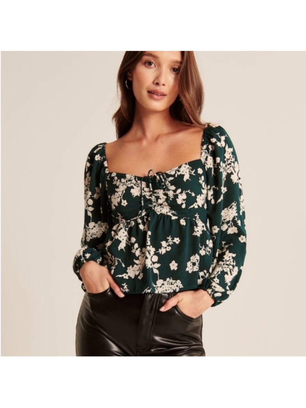 Abercrombie & Fitch Dark Green Floral Square-Neck Peasant Blouse